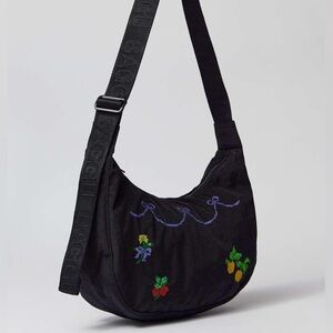 Baggu Embroidered Cross Stitch Medium Crescent Bag - Black